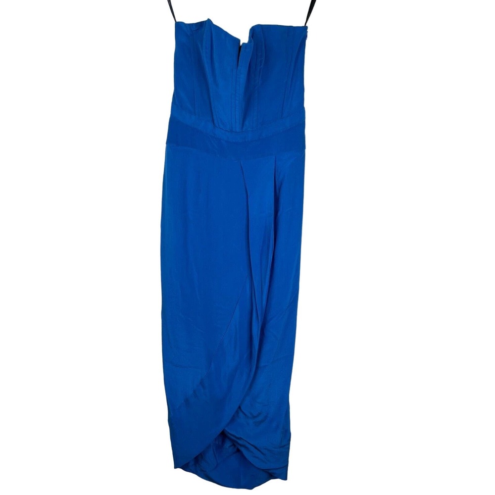 Zimmermann Cocktail Dress Size 1 Blue Silk Strapless Midi Tulip Hem Lace Up Back